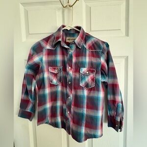 Size XL girls Red River western plaid shift.  Red/blue. Pearl snaps.  Stitching.